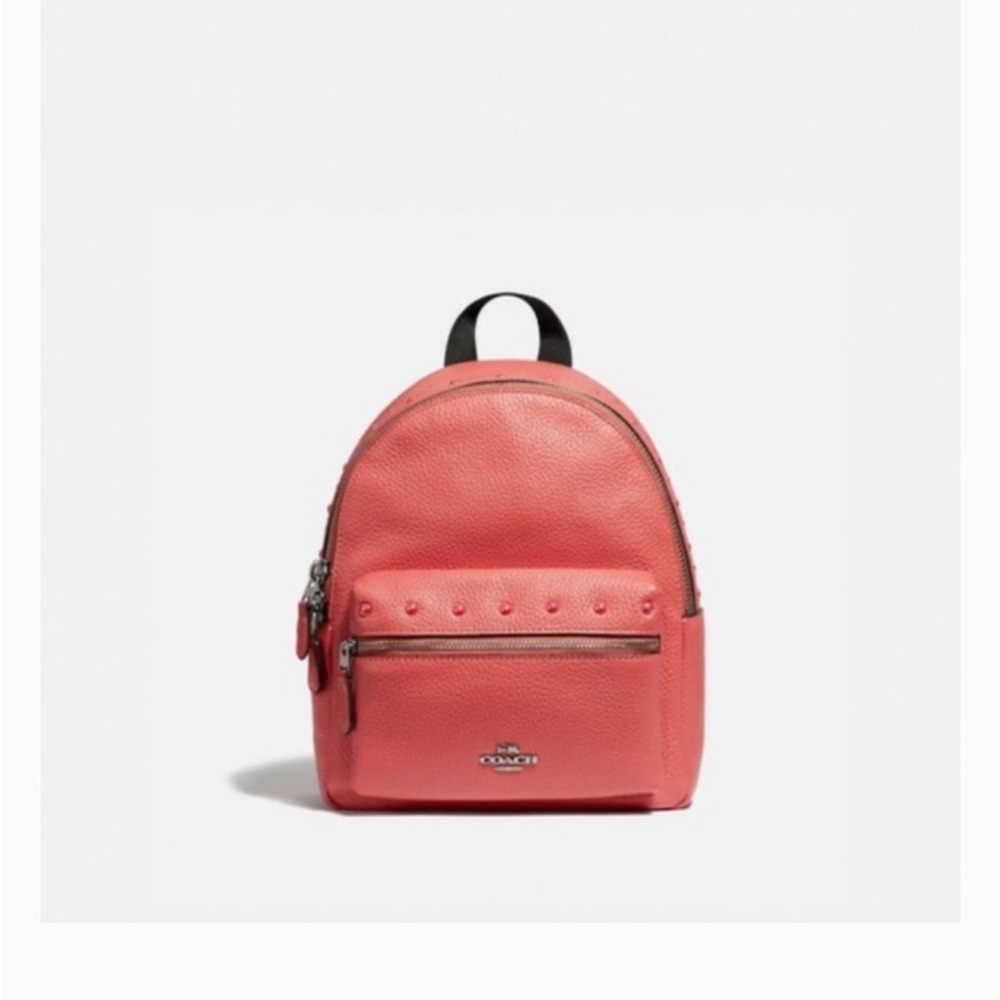 Coach Coral Pink Pebbled Leather Mini Backpack with Black Straps